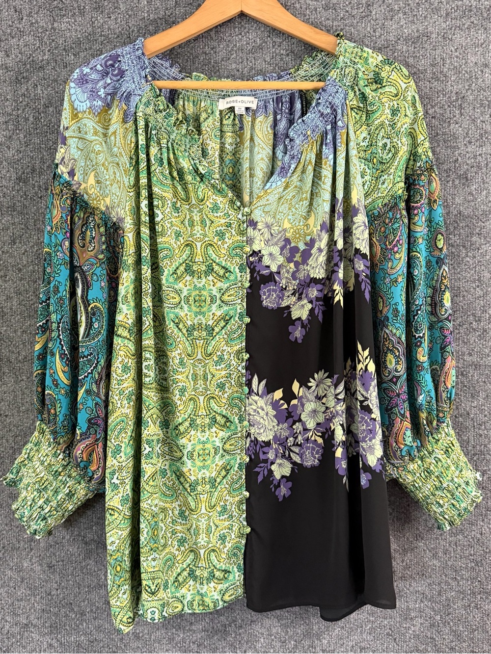Rose & Olive Womens 2X Top Multicolor Patchwork 3/4 Puff Sleeve Boho Flowy
